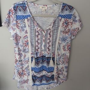 Style & Co. Women's Top - Blue, Red, and White Pattern With Tassles Medium